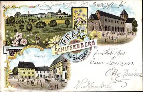 Litho Gießen an der Lahn Hessen, Kloster Schiffenberg, Totalansicht, Kapelle