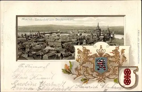 Präge Wappen Litho Mainz am Rhein, Totalansicht der Ortschaft vom Stephansturm