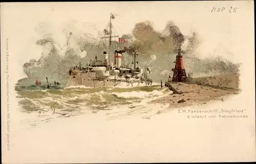 Künstler Litho Bohrdt, Świnoujście Swinemünde, Deutsches Kriegsschiff, SMS Siegfried, Panzerschiff