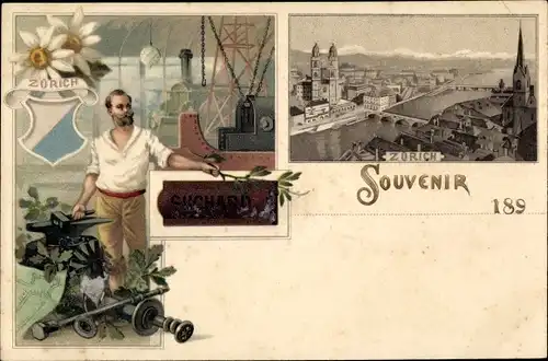 Litho Zürich Stadt Schweiz, Schmied, Chocolat Suchard Reklame