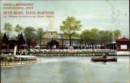 Ak Klein Glienicke Potsdam in Brandenburg, Dampfer Hoffnung, Hotel Bürgers Hof, Ruderboot