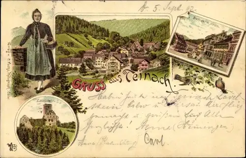 Litho Bad Teinach Zavelstein im Nordschwarzwald, Badhotel mit Hirsch, Frau in Tracht, Totale