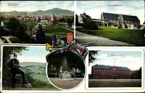 Ak Goslar am Harz, Kaserne, Kaiserhaus, Soldat in Uniform, Regiment 10, Blick auf den Ort