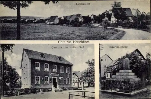 Ak Herschbach im Westerwald, Gasthaus zum weißen Ross, Kriegerdenkmal, Totalansicht