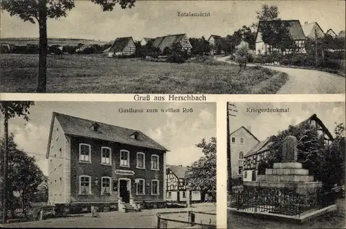 Ak Herschbach im Westerwald, Gasthaus zum weißen Ross, Kriegerdenkmal, Totalansicht