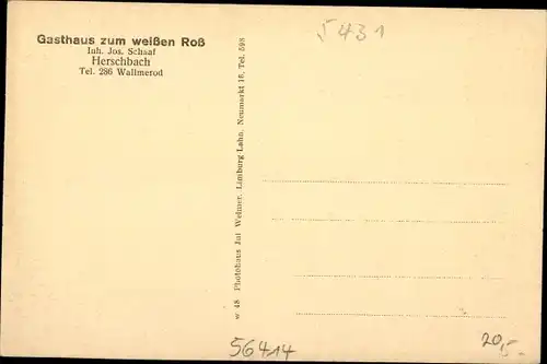 Ak Herschbach im Westerwald, Gasthaus zum weißen Ross, Kriegerdenkmal, Totalansicht