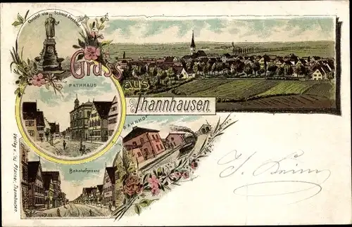 Litho Thannhausen in Schwaben, Christoph von Schmid Denkmal, Bahnhof, Gleisseite, Totalansicht
