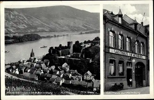 Ak Niederheimbach am Rhein, Gasthaus zur Heimburg, Blick auf den Ort