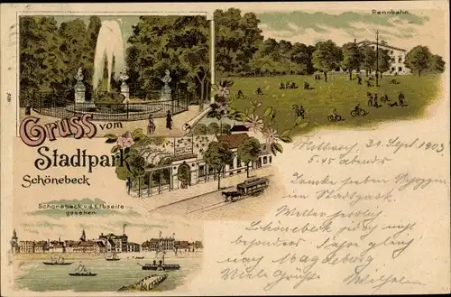 Litho Schönebeck an der Elbe, Pferdestraßenbahn, Rennbahn, Springbrunnen, Blick auf den Ort