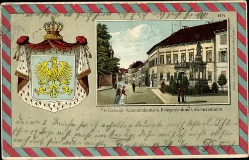 Präge Wappen Litho Germersheim in der Rheinebene Rheinland Pfalz, Kommandantur, Kriegerdenkmal