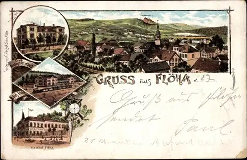 Litho Flöha in Sachsen, Gasthof, Bahnhof, Panorama