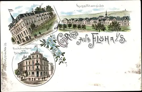 Litho Flöha in Sachsen, Gasthof, Buchdruckerei Peitz & Sohn, Panorama