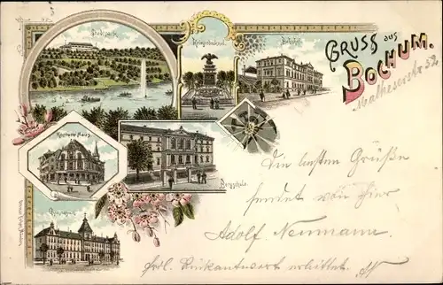 Litho Bochum im Ruhrgebiet, Bergschule, Kortumhaus, Gymnasium, Stadtpark, Bahnhof, Kriegerdenkmal