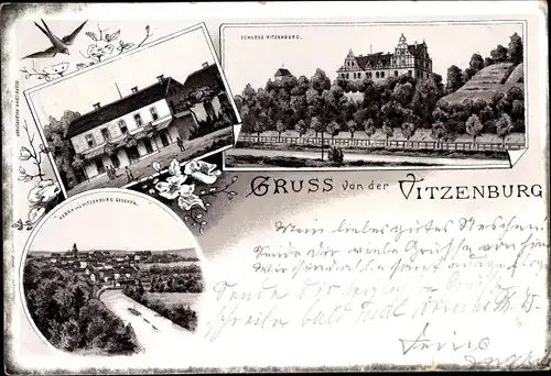 Litho Vitzenburg Querfurt in Sachsen Anhalt, Schloss Vitzenburg, Panorama, Gasthaus