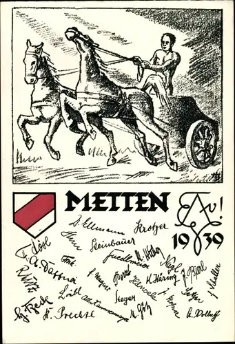 Studentika Künstler Ak Metten, Streitwagen, Pferdegespann, Abschluss 1939