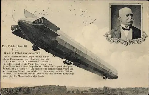 Ak Ferdinand Graf von Zeppelin, Portrait, Reichsluftschiff Z 1 in voller Fahrt manövrierend