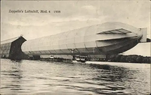 Ak Friedrichshafen am Bodensee, Zeppelin Luftschiff Modell 4 vor der Luftschiffhalle 1908