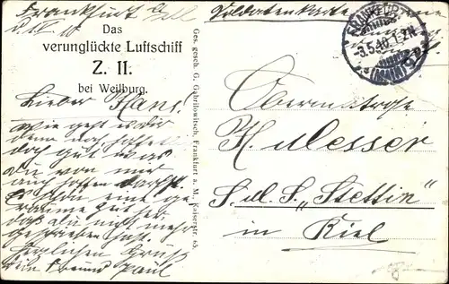 Ak Weilburg an der Lahn, Verunglücktes Luftschiff Z II, LZ 5, Zeppelin