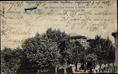 Ak Roßlau in Sachsen Anhalt, Zeppelin Parseval über der Stadt 1909, Luftschiff