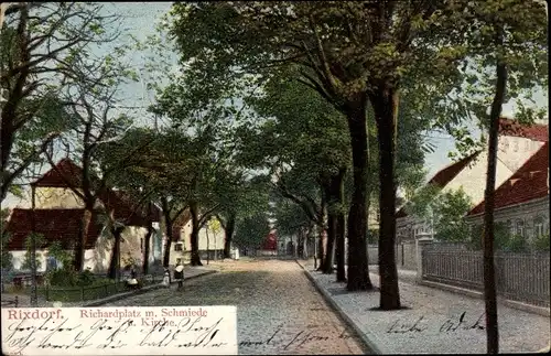 Ak Berlin Neukölln Rixdorf, Richardplatz mit Schmiede und Kirche