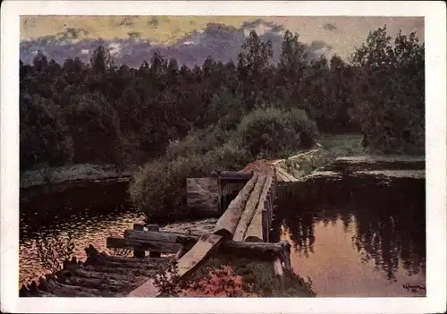 Künstler Ak Levitane, La digue, Landschaft mit Wehr