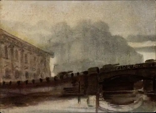 Künstler Ak Kamenskij, Leningrad Sankt Petersburg Russland, Panzer auf einer Brücke