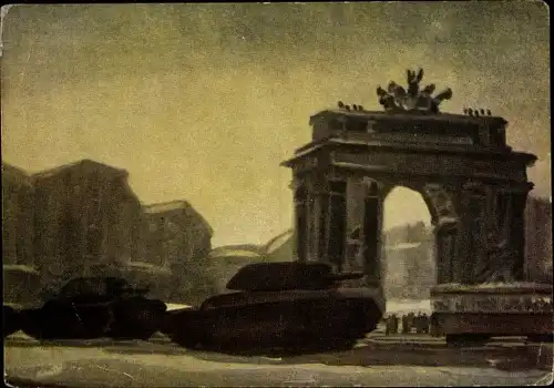 Künstler Ak Kamensky, W.A., Leningrad Sankt Petersburg Russland, Narva Triumphbogen, Panzer