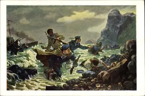 Künstler Ak Russische Seeleute bei Landung an einer Küste
