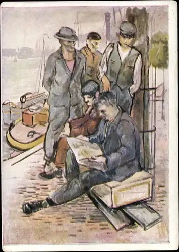 Künstler Ak Russland, Männer lesen Zeitung am Hafen
