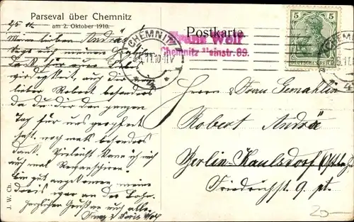 Ak Chemnitz Sachsen, Luftschiff Parseval über der Stadt 1910, Zeppelin