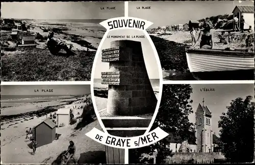 Ak Graye sur Mer Calvados, La Plage, L'Eglise, Le Monument de la Plage