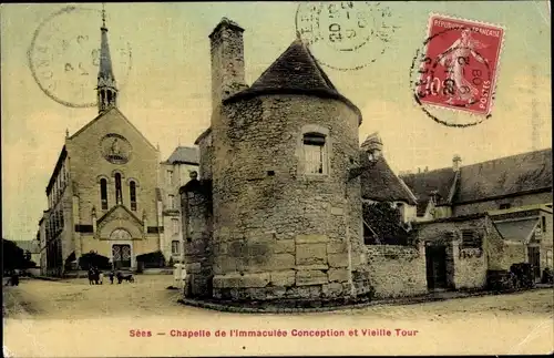 Ak Sées Orne, Chapelle de l'immaculee Conception et Vieille Tour