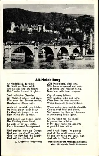 Gedicht Ak Heidelberg am Neckar, Altstadt, Brücke, Gedicht J. v. Scheffel