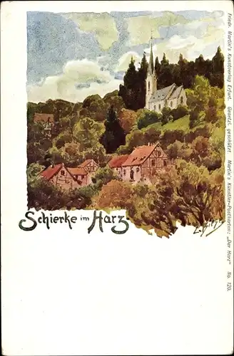 Künstler Ak Biese, C., Schierke Wernigerode am Harz, Häuser und Kirche