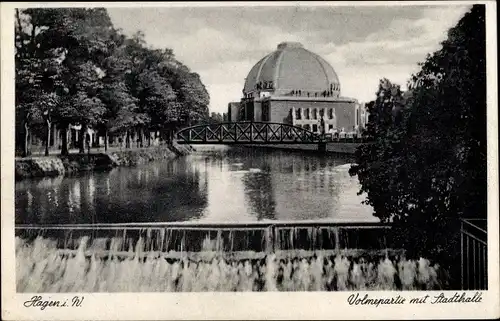 Ak Hagen in Westfalen, Volmepartie mit Stadthalle