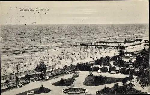 Ak Ostseebad Zinnowitz Usedom, Blick auf Strand, Parkanlage und Meer