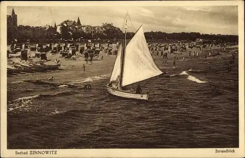 Ak Ostseebad Zinnowitz Usedom, Blick auf Strand, Segelboot