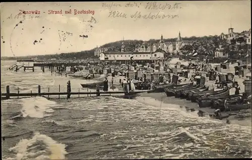 Ak Ostseebad Zinnowitz Usedom, Blick auf Strand mit Bootssteg