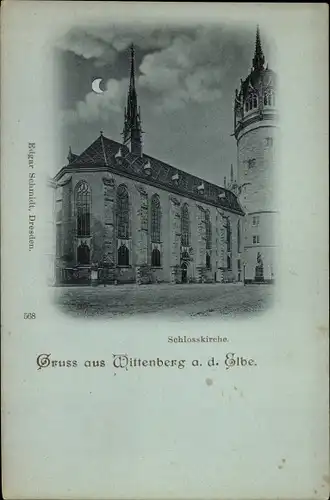 Mondschein Ak Lutherstadt Wittenberg, Schlosskirche bei Nacht