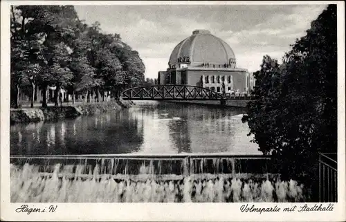 Ak Hagen in Westfalen, Volmepartie und Stadthalle, Wehr