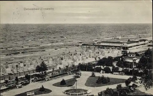 Ak Ostseebad Zinnowitz Usedom, Blick auf Strand, Parkanlage und Meer