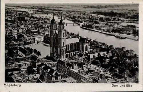 Ak Magdeburg in Sachsen Anhalt, Stadtblick mit Dom und Elbe