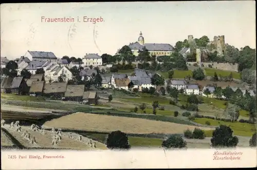 Ak Frauenstein im Erzgebirge, Stadtpanorama, Felder, Burgruine