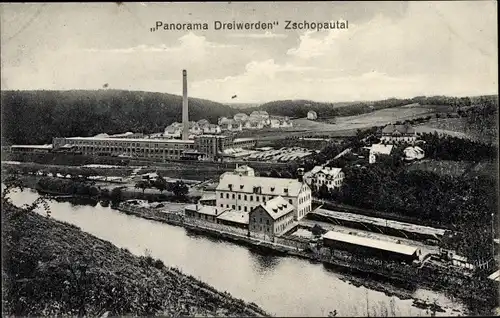 Ak Dreiwerden Rossau Mittelsachsen, Blick auf die Papierfabrik, Bahnstrecke, Güterwagons