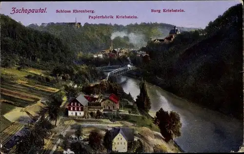 Ak Kriebstein Mittelsachsen, Schloss Ehrenberg, Papierfabrik, Burg, Flusspartie