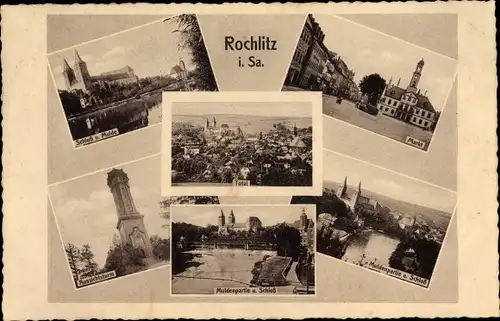 Ak Rochlitz an der Mulde, Markt, Schloss, Aussichtsturm, Flusspartie