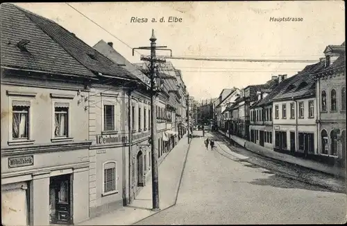 Ak Riesa an der Elbe Sachsen, Hauptstraße, Möbelfabrik, Weinhandlung