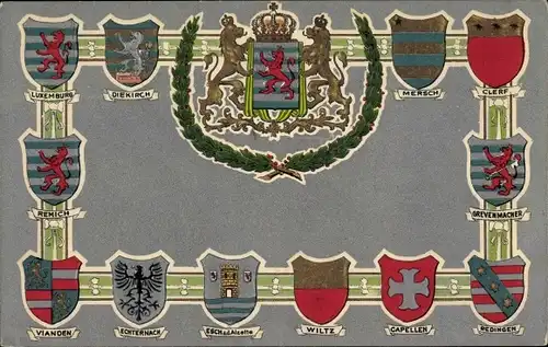 Präge Wappen Litho Luxemburg, Redingen, Wiltz, Esch, Echternach, Vianden, Remich, Diekirch, Clerf