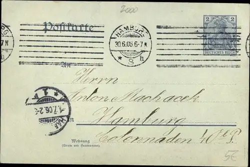 Ganzsachen Ak Hamburg, Letzte Grüße auf der letzten 2Pf. Postkarte, 30. Juni 1906, Postbote
