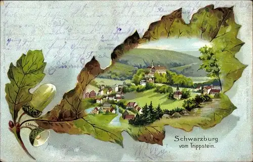 Eichenblatt Künstler Litho Schlemo, E., Schwarzburg Thüringen, Blick vom Trippstein auf den Ort